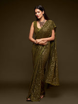 Opulent olive green partywear drape saree