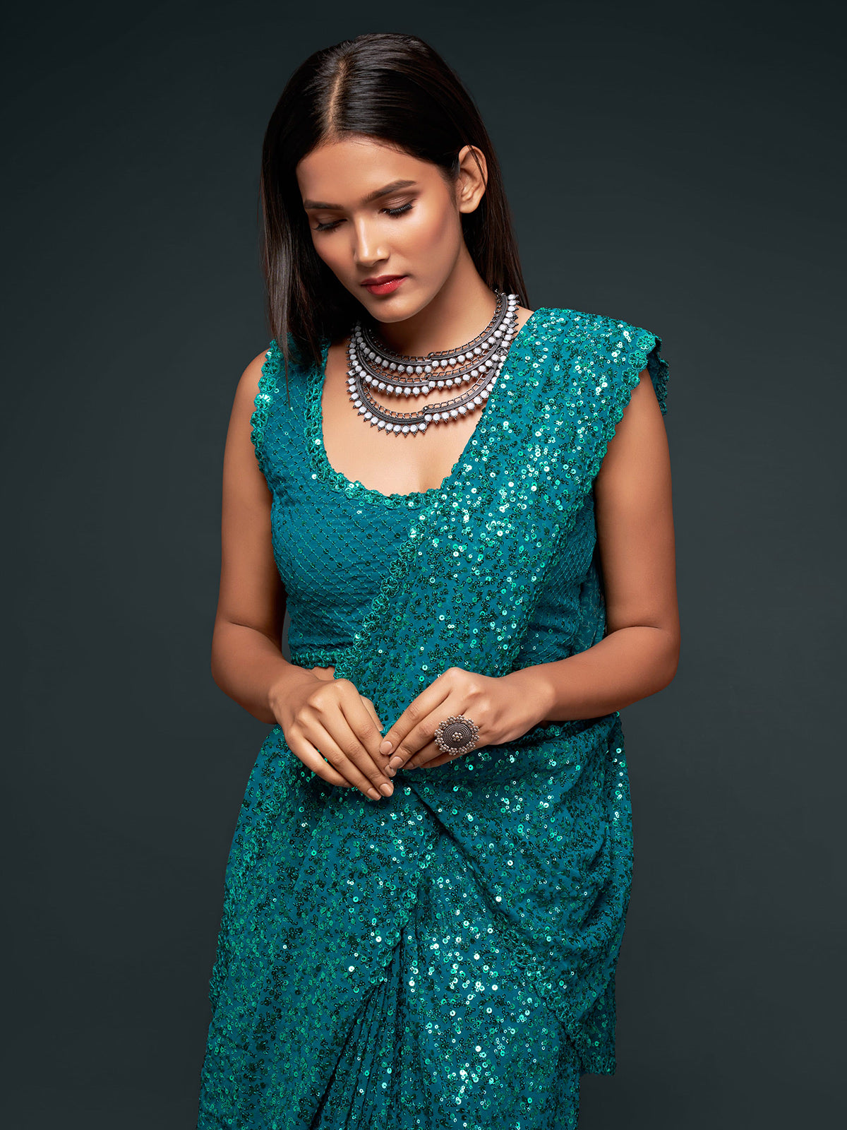 Elegant teal blue embellished party saree