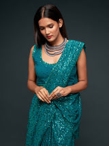 Elegant teal blue embellished party saree