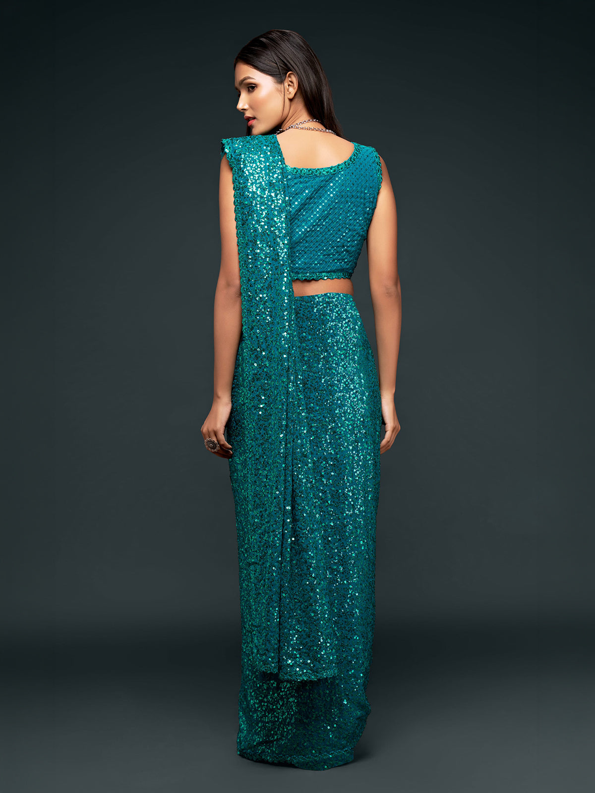 Elegant teal blue embellished party saree