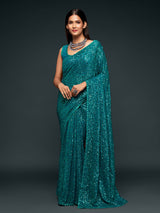 Elegant teal blue embellished party saree