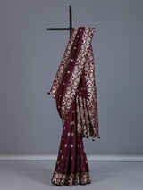 Maroon banarasi silk wedding saree with over all zari detailing