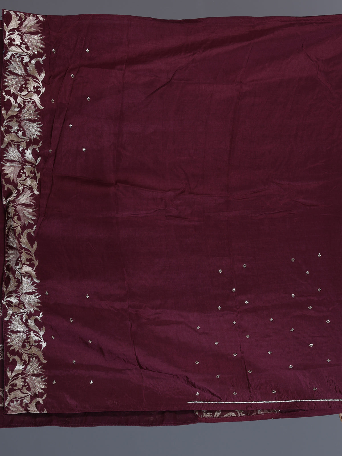 Maroon banarasi silk wedding saree with over all zari detailing