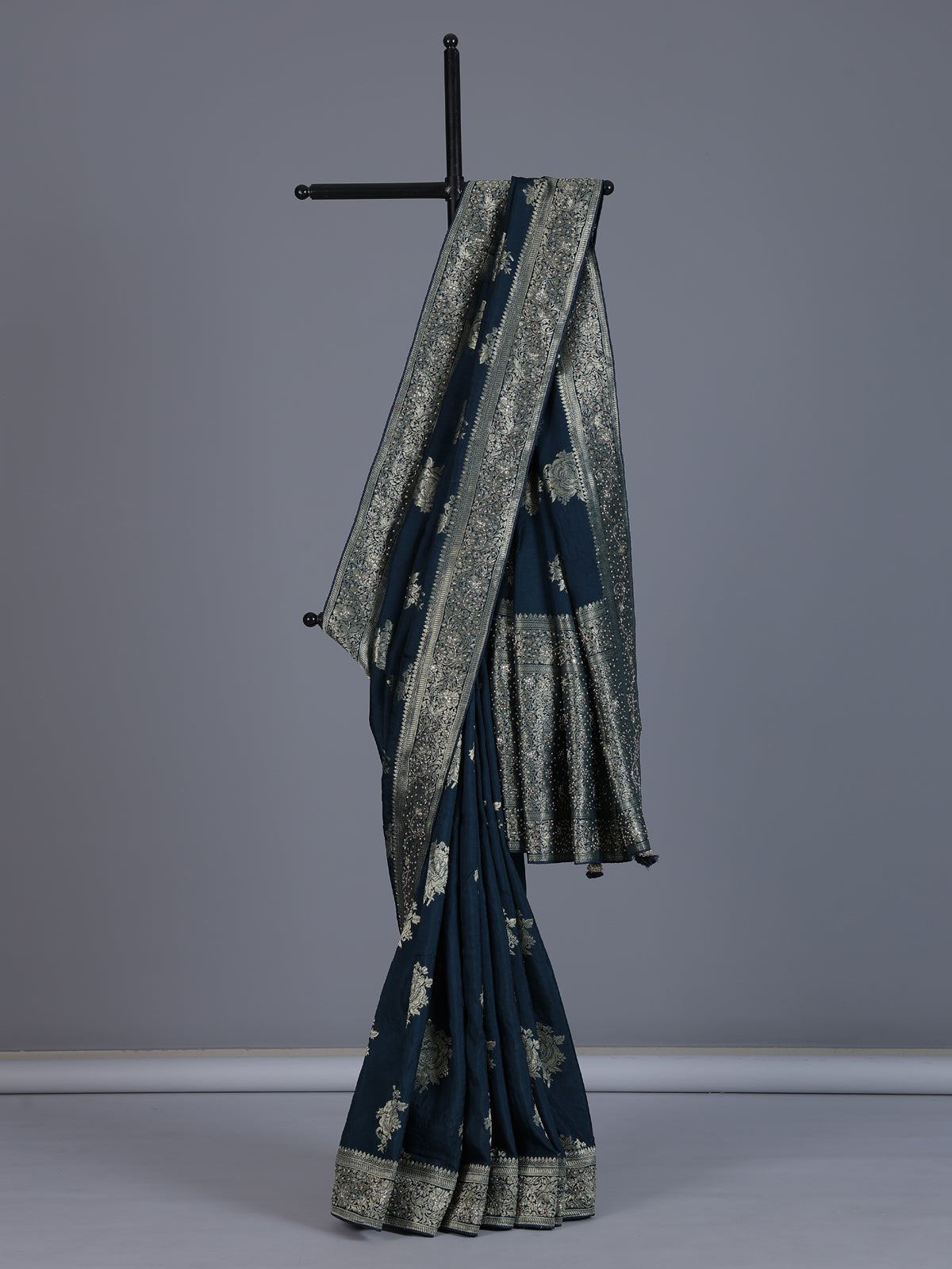 Navy banarasi silk zari worked saree for wedding celebration