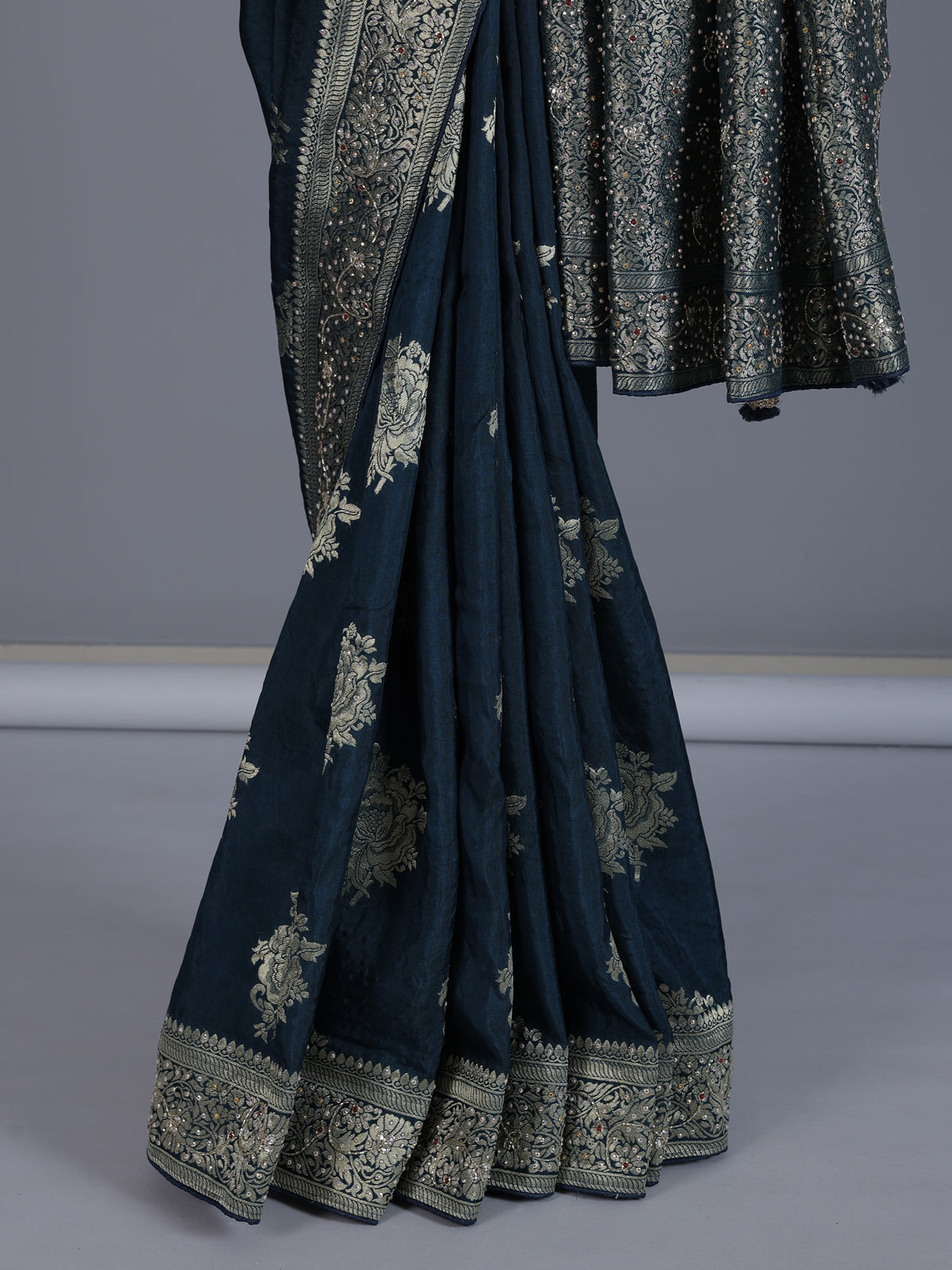 Navy banarasi silk zari worked saree for wedding celebration