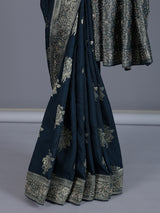 Navy banarasi silk zari worked saree for wedding celebration