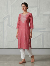 Dusty rose pink white embroidered cotton silk kurti