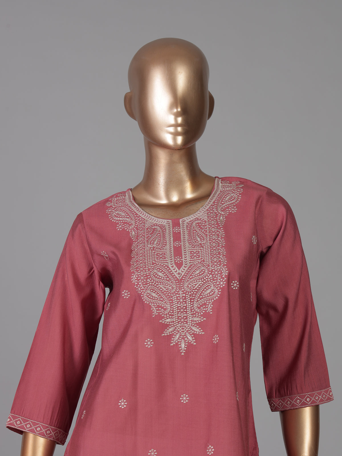 Dusty rose pink white embroidered cotton silk kurti