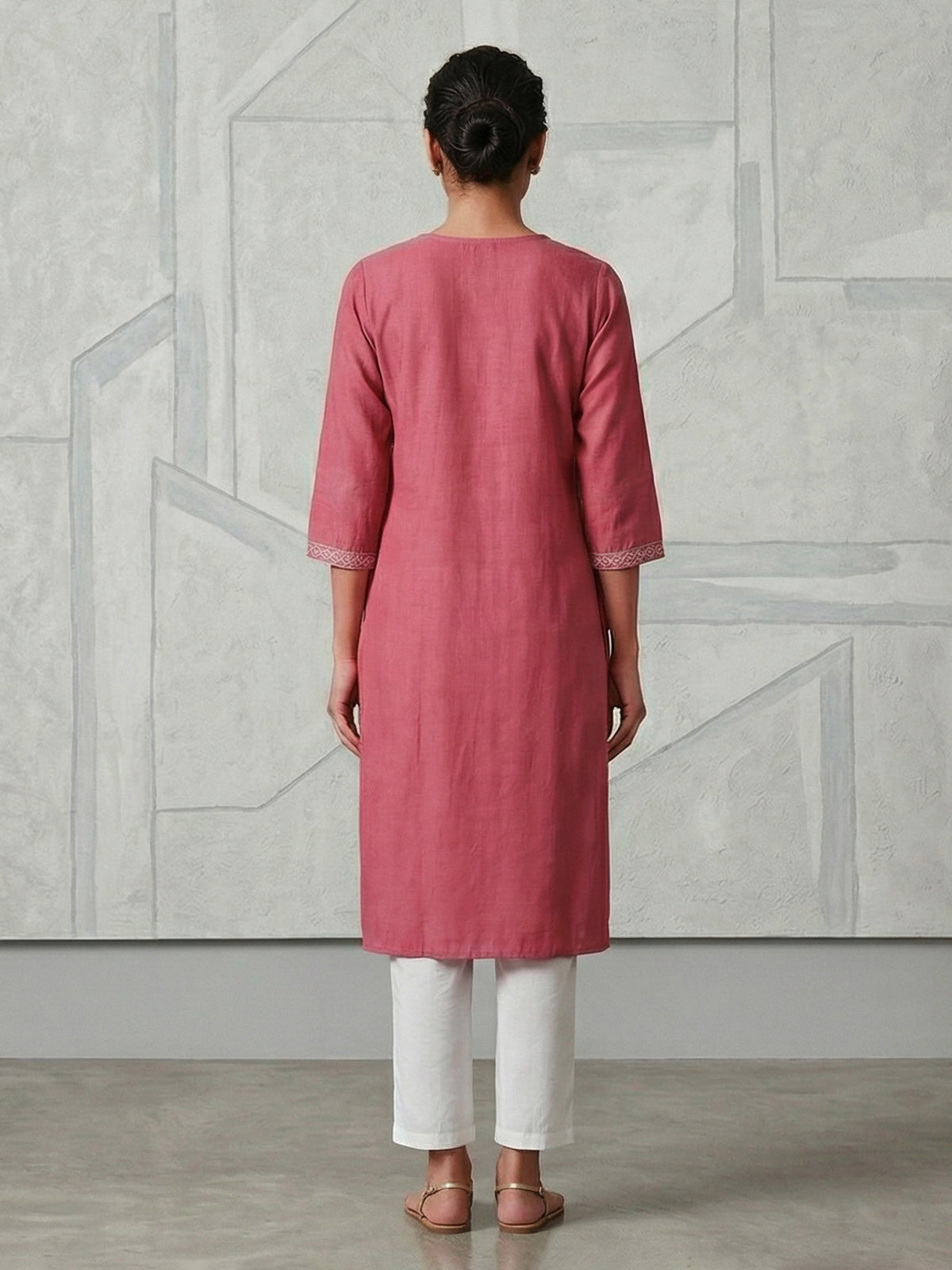 Dusty rose pink white embroidered cotton silk kurti