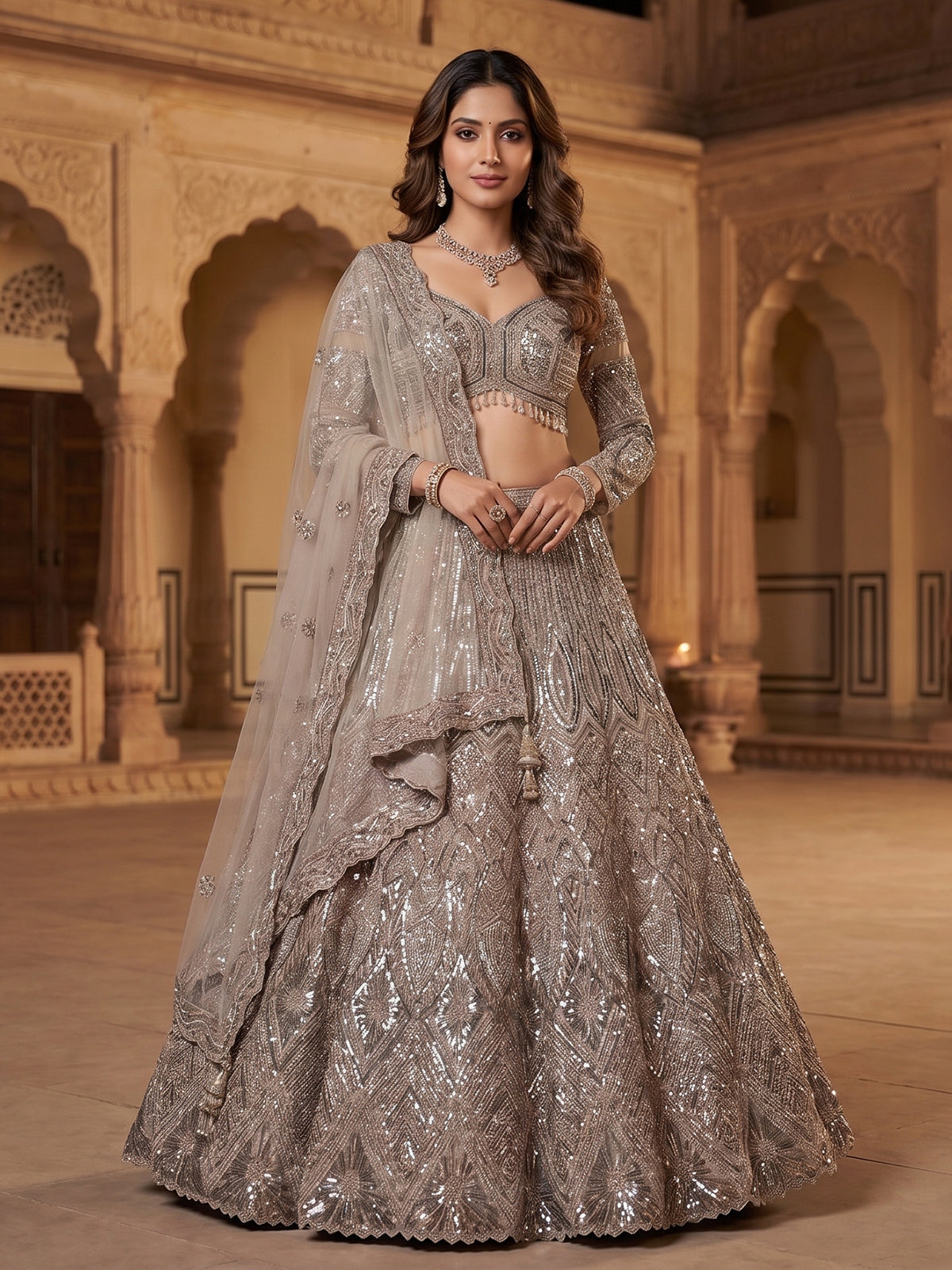 Mocha brown net designer lehenga choli