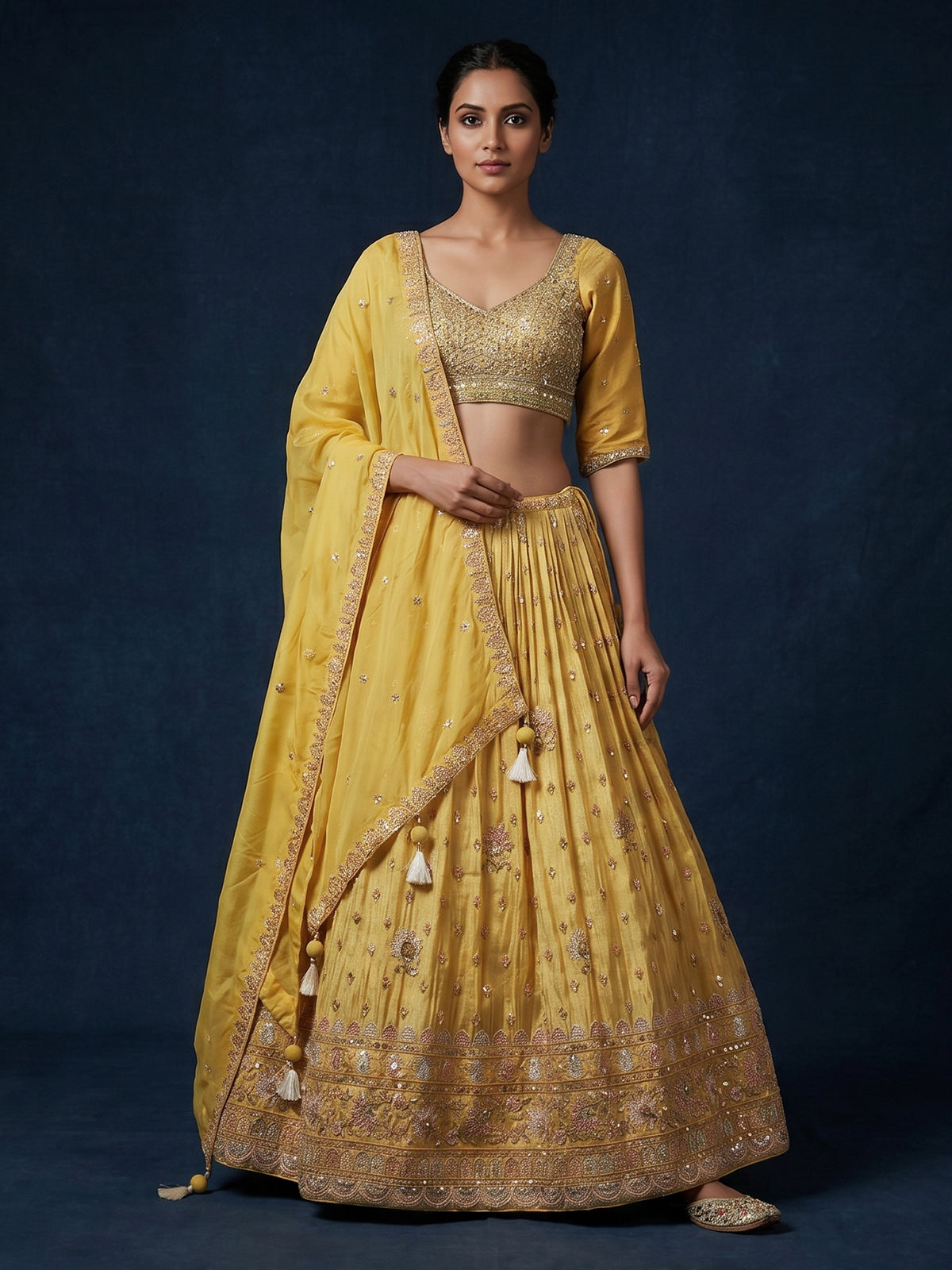 Mustard yellow festive wedding lehenga choli