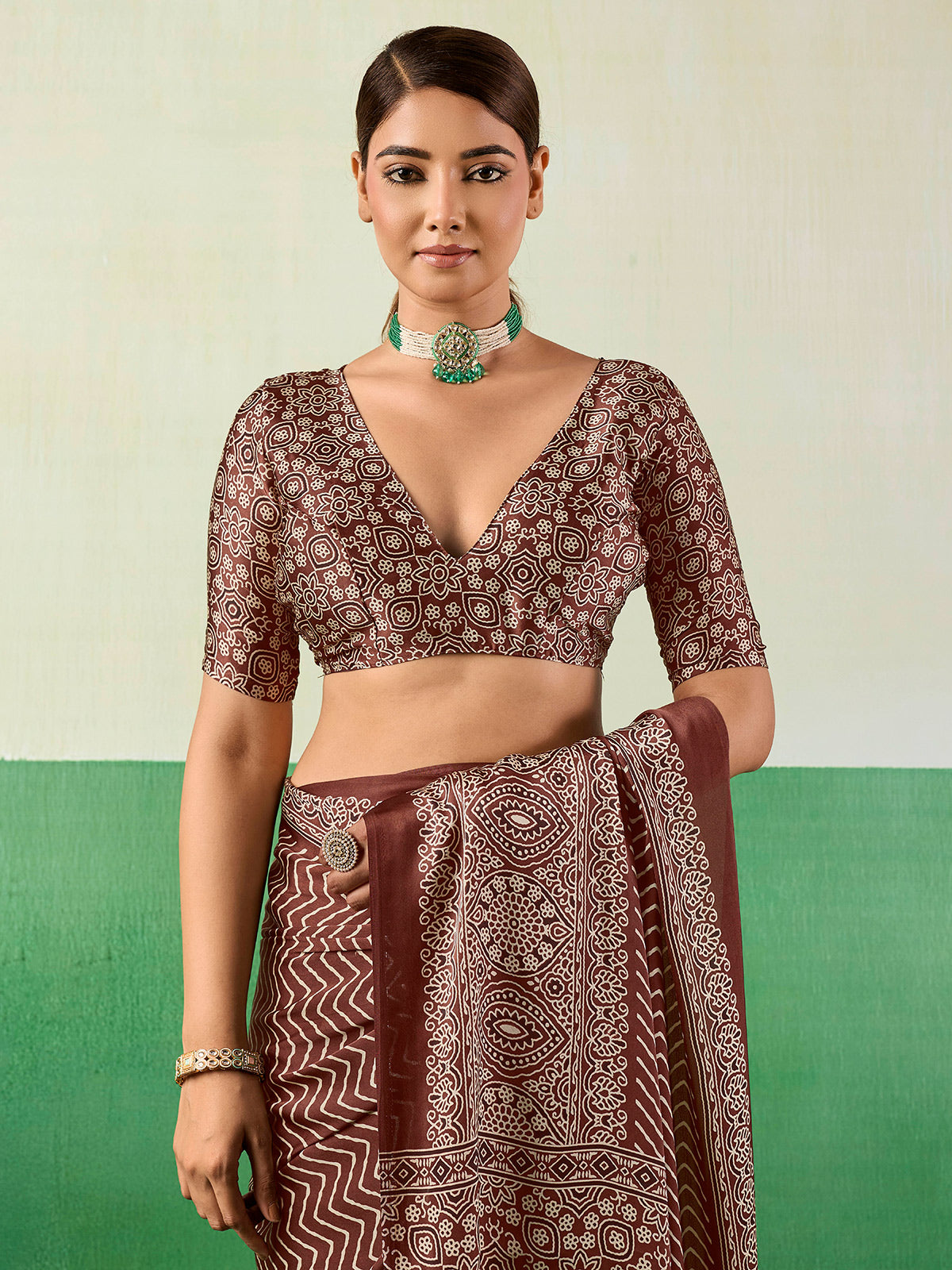 Sophisticated brown ajrakh partywear saree