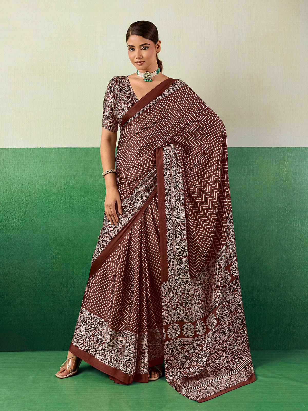 Sophisticated brown ajrakh partywear saree