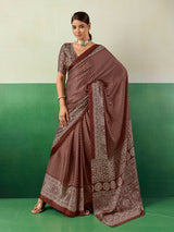 Sophisticated brown ajrakh partywear saree