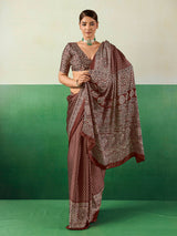 Sophisticated brown ajrakh partywear saree