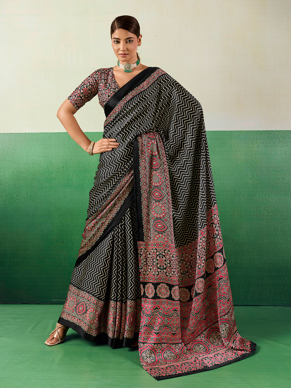 Graceful black ajrakh designer saree
