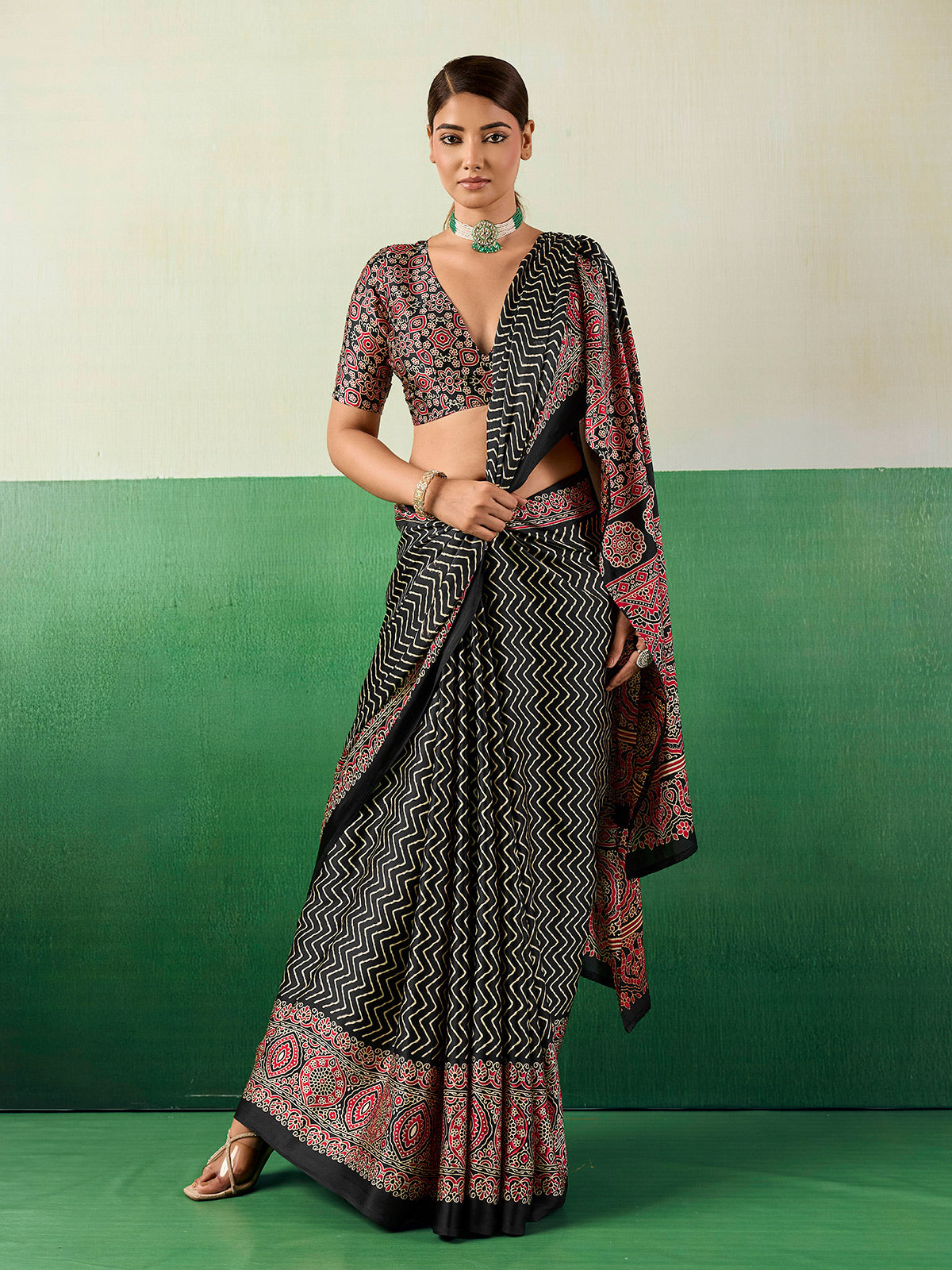 Graceful black ajrakh designer saree