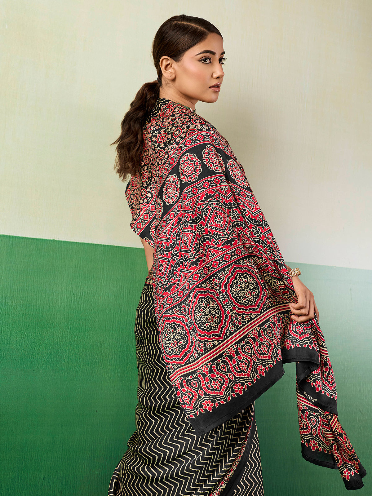 Graceful black ajrakh designer saree