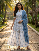 White sapphire blue cotton palazzo suit