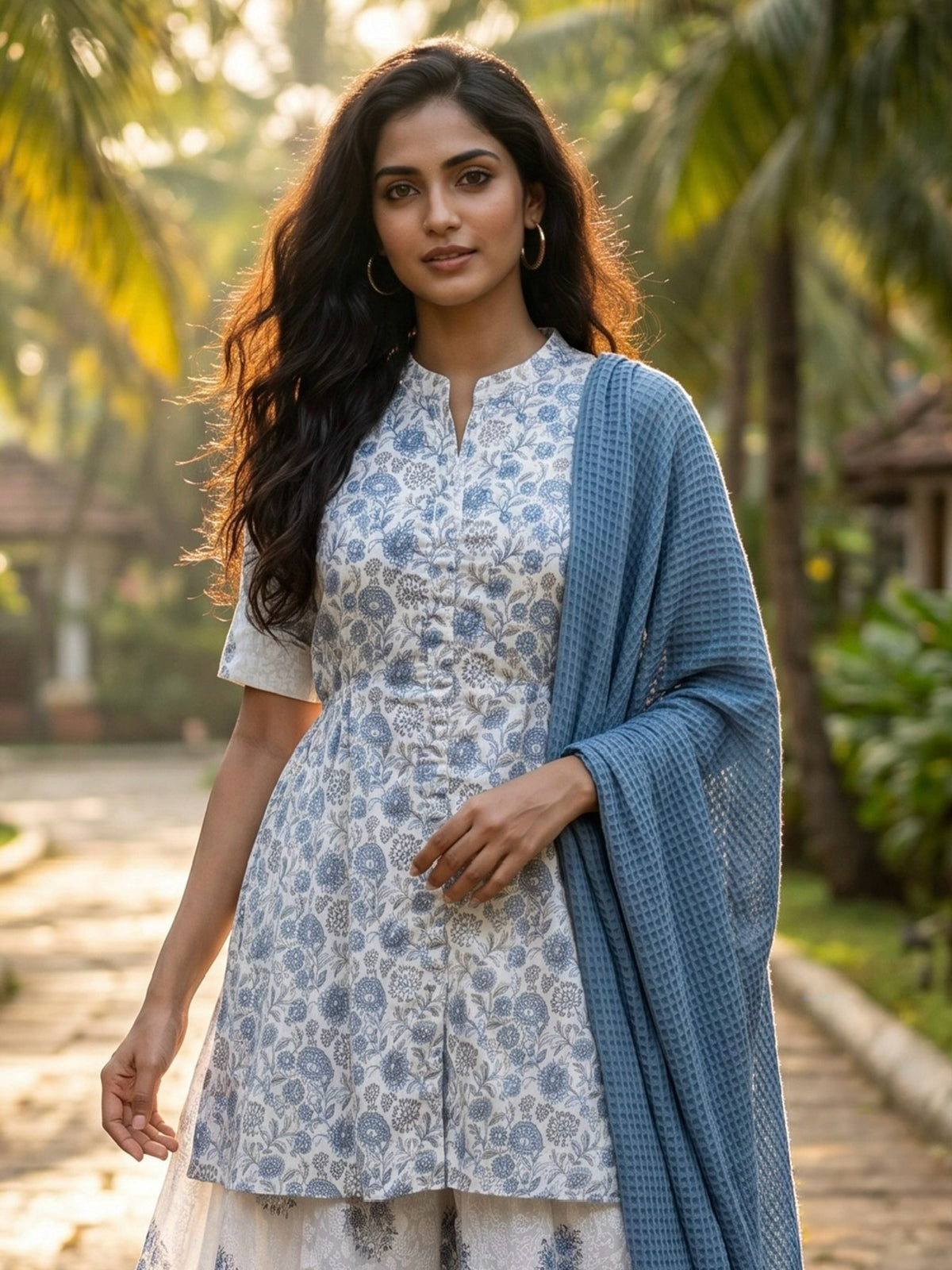 White sapphire blue cotton palazzo suit
