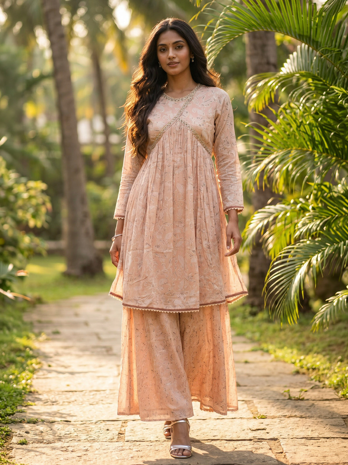 Pastel peach silk festive palazzo suit