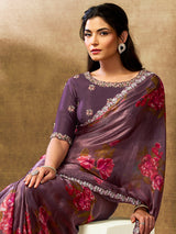 Regal purple floral digital saree