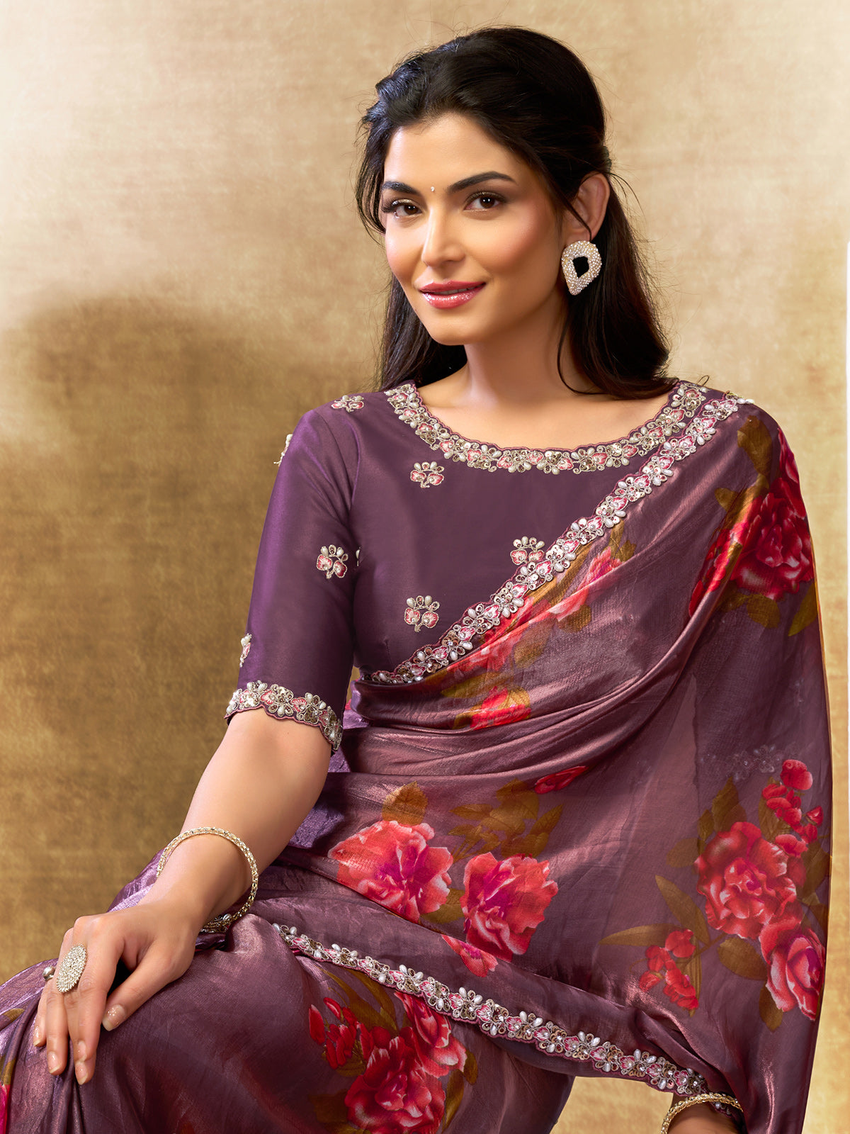 Regal purple floral digital saree