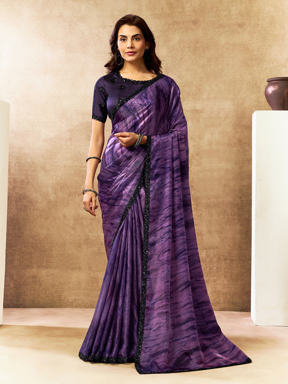 Sophisticated purple abstract satin saree