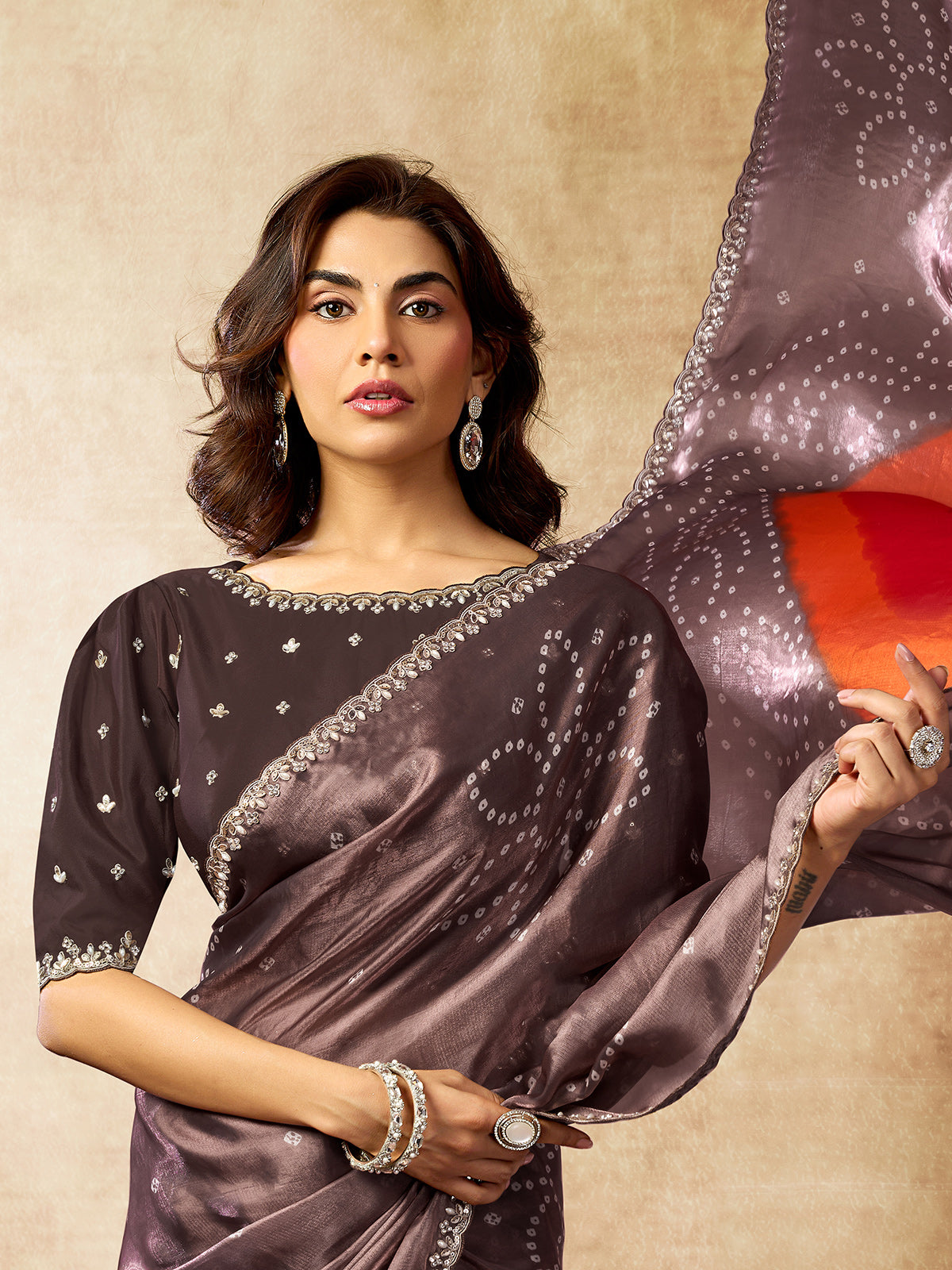 Majestic brown bandhani festive saree