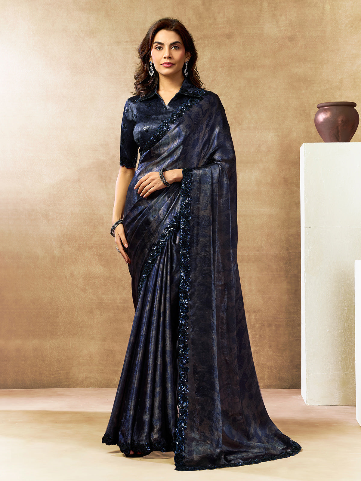 Elegant blue abstract satin silk saree