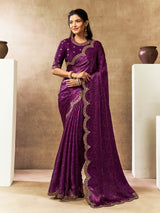 Royal purple satin silk saree with bandhani print