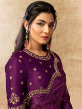 Royal purple satin silk saree with bandhani print
