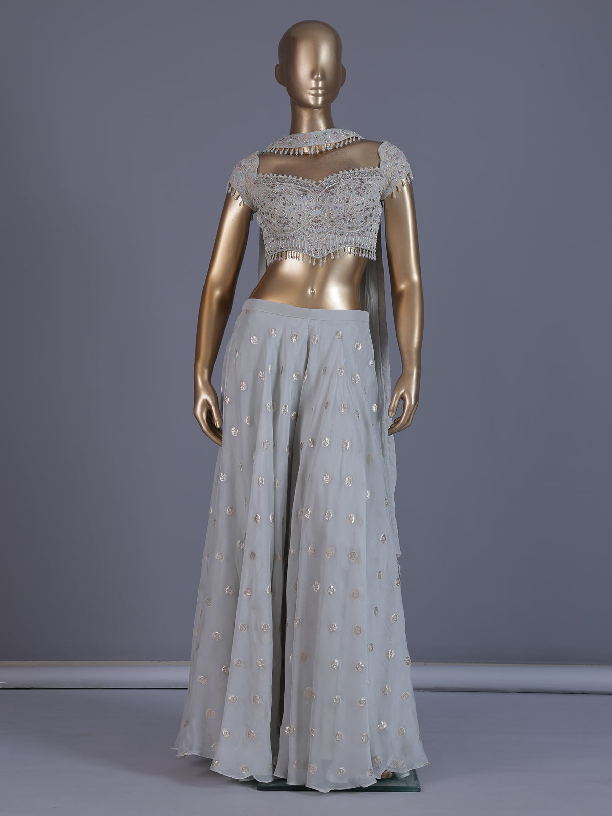 Off white tissue georgette palazzo suit with tassels