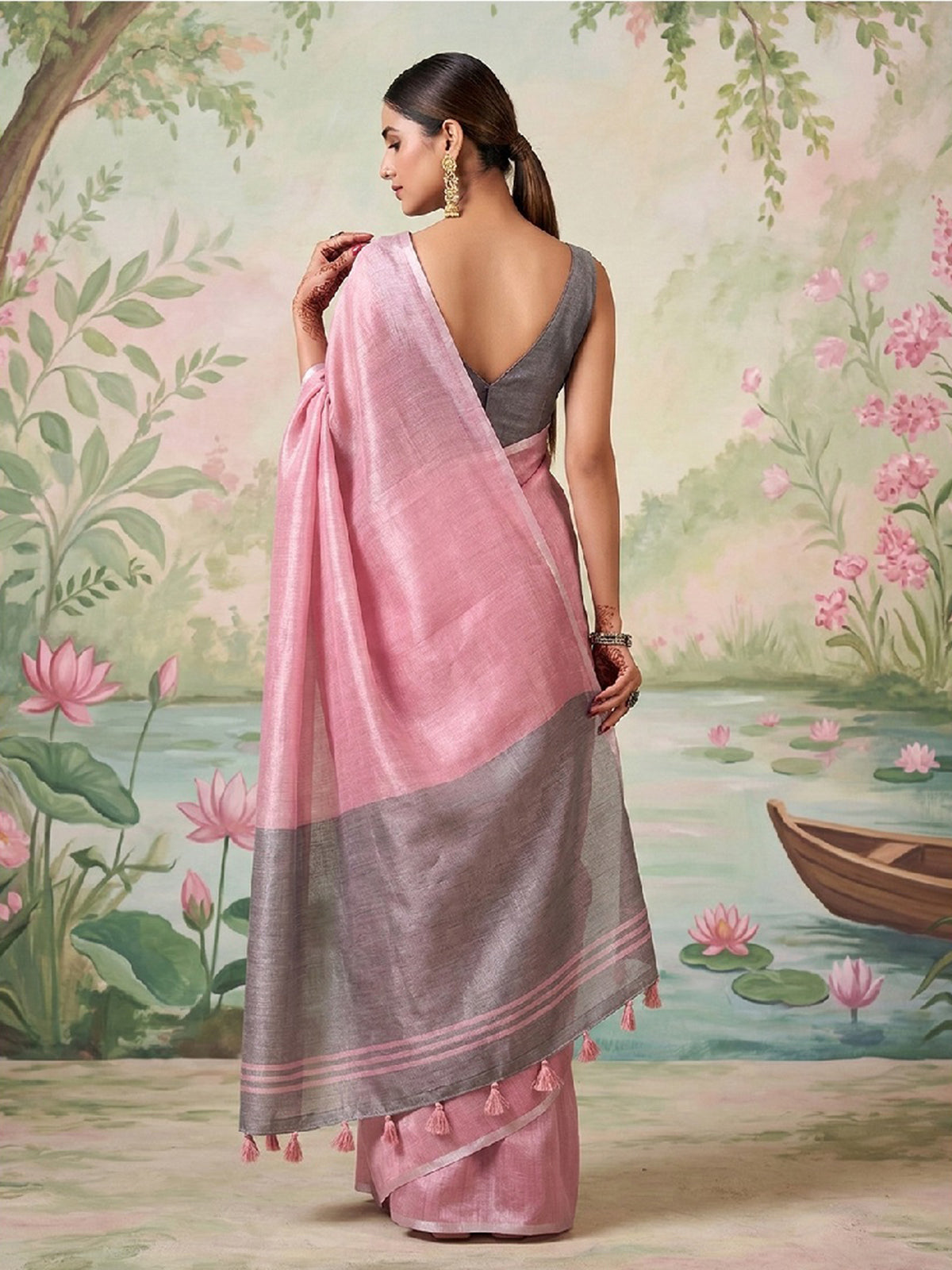 Blush pink silver zari saree