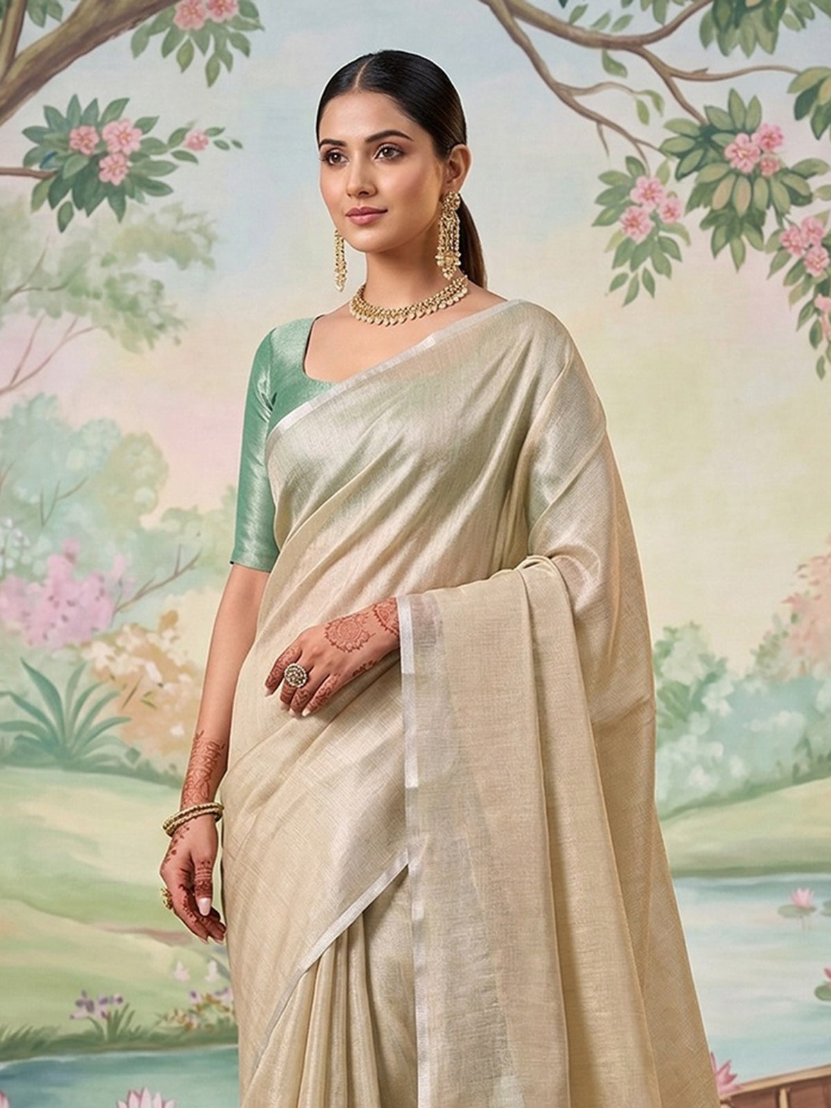 Champagne beige tissue silk woven saree