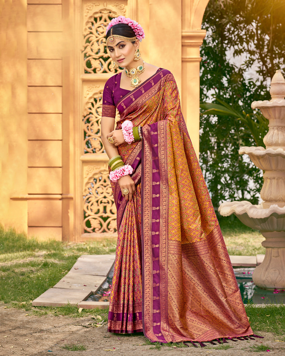 Radiant yellow woven festive saree