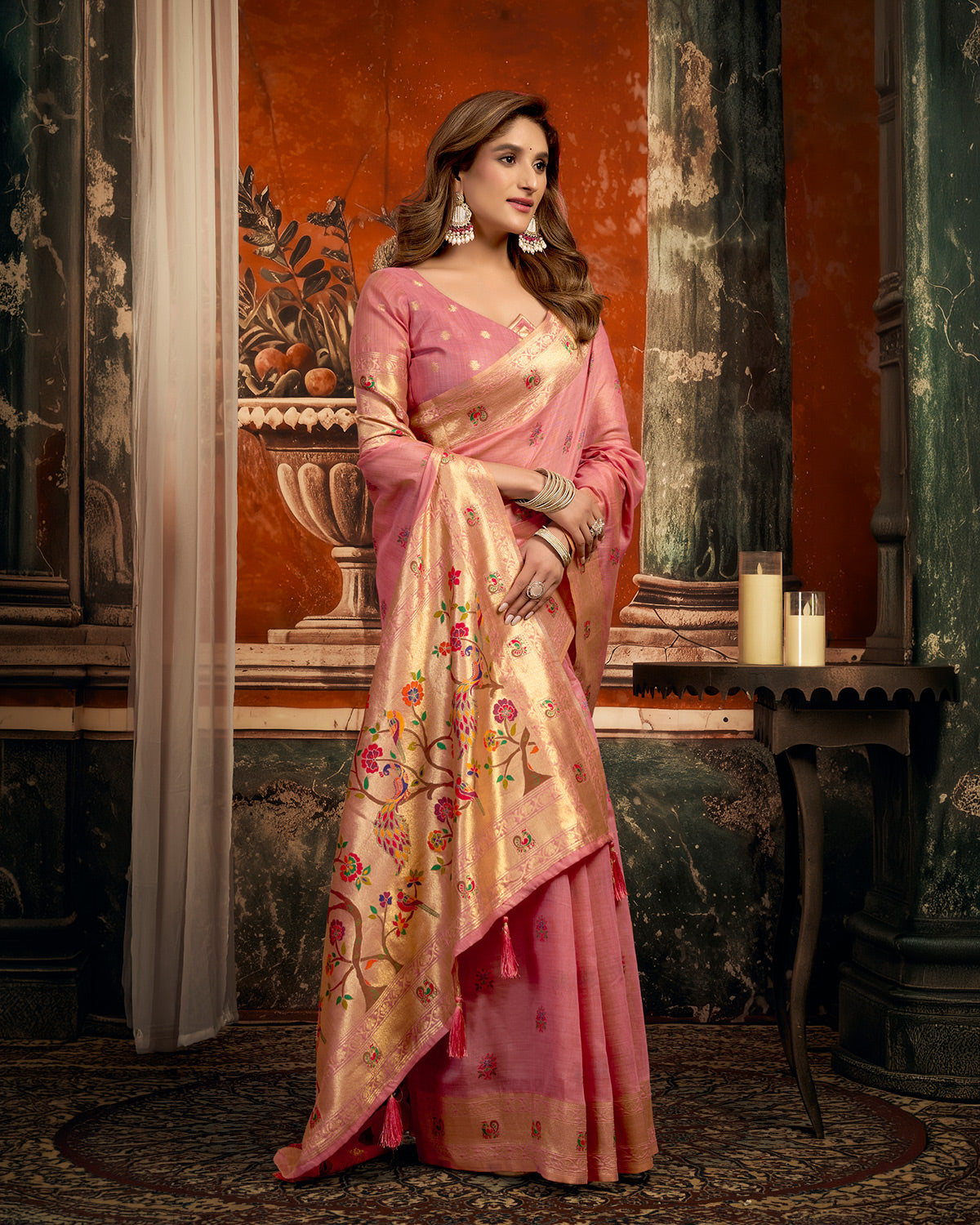 Rosy light pink festive saree