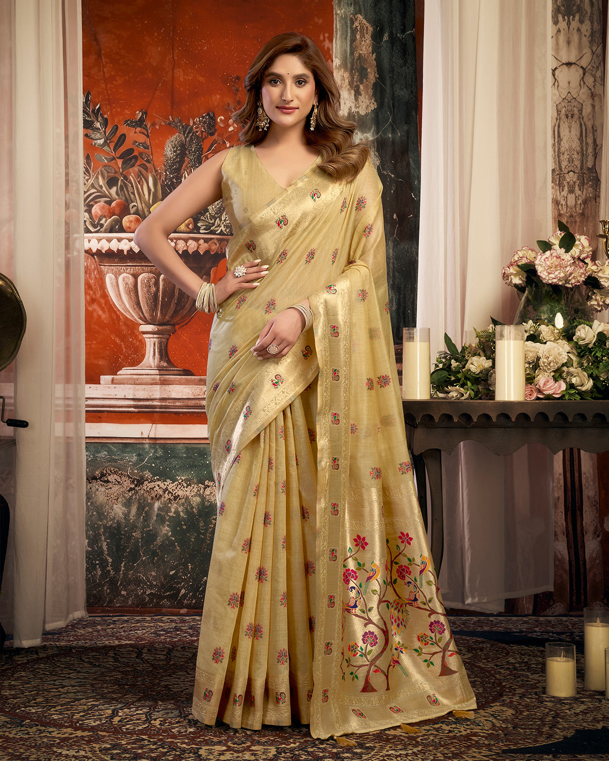 Lustrous light olive festive saree