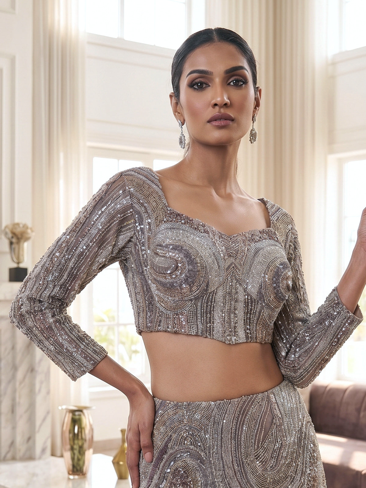 Taupe brown satin indo western lehenga choli
