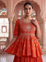 Rust orange printed silk wedding lehenga choli