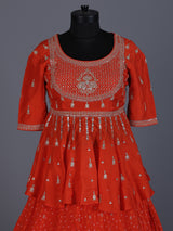 Rust orange printed silk wedding lehenga choli
