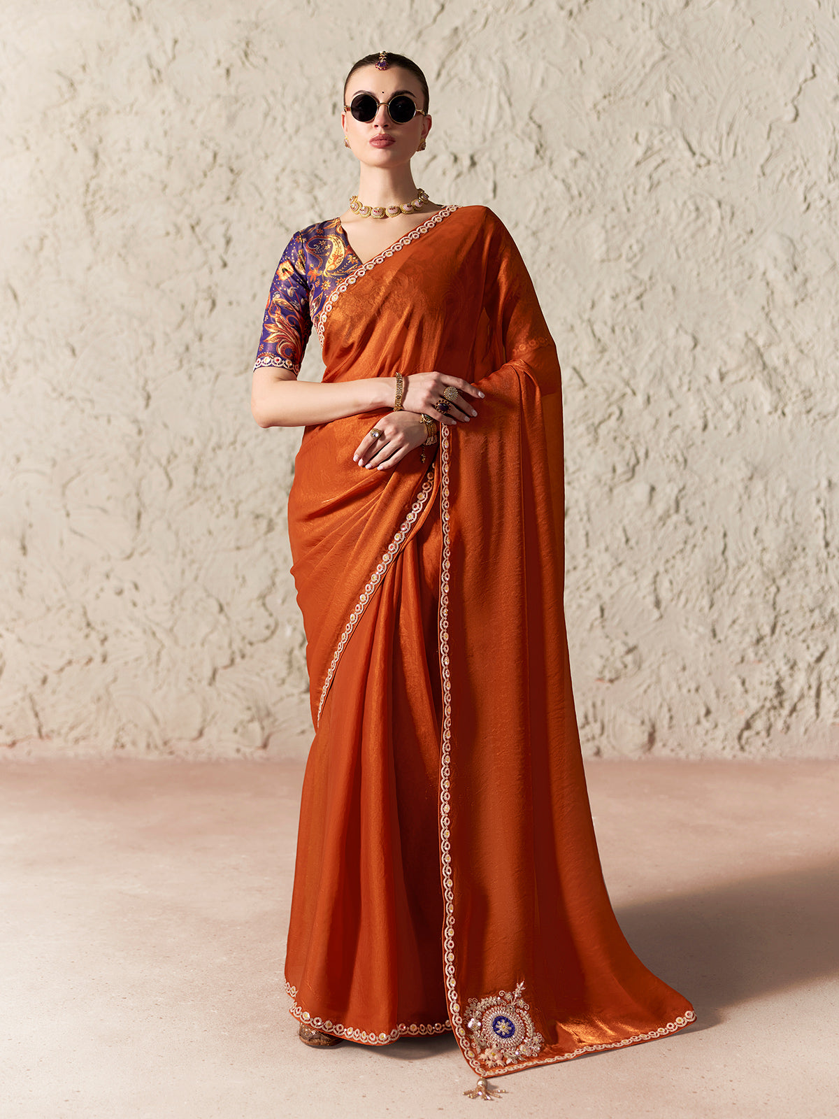 Majestic rust orange festive saree