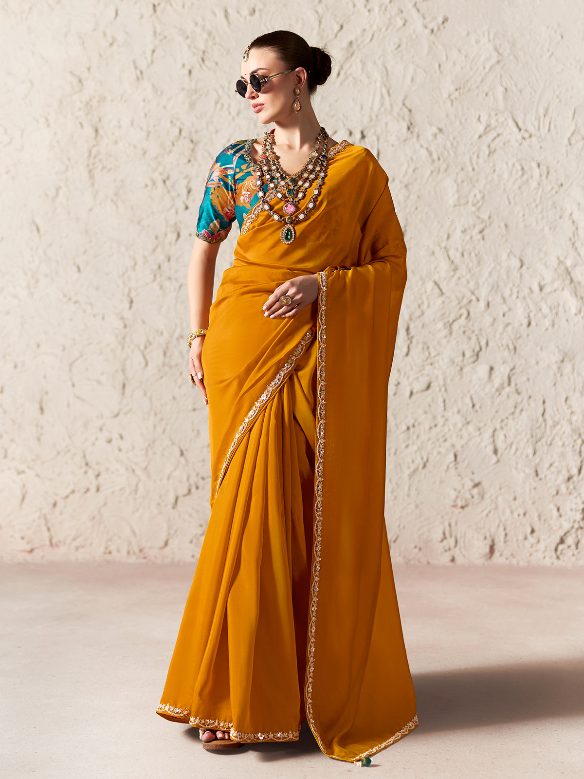 Enchanting mustard festive organza saree