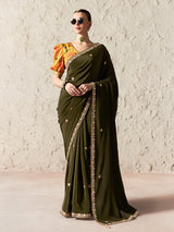 Royal olive green artistic saree
