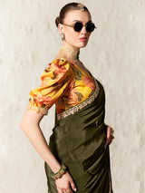 Royal olive green artistic saree