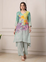 Green pastel floral printed high low kurti charm
