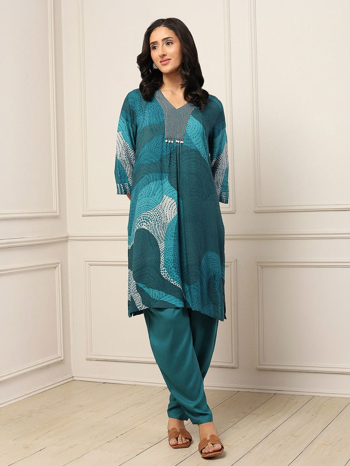 Teal green embellished printed ethnic elegance
