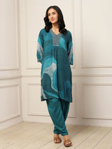 Teal green embellished printed ethnic elegance