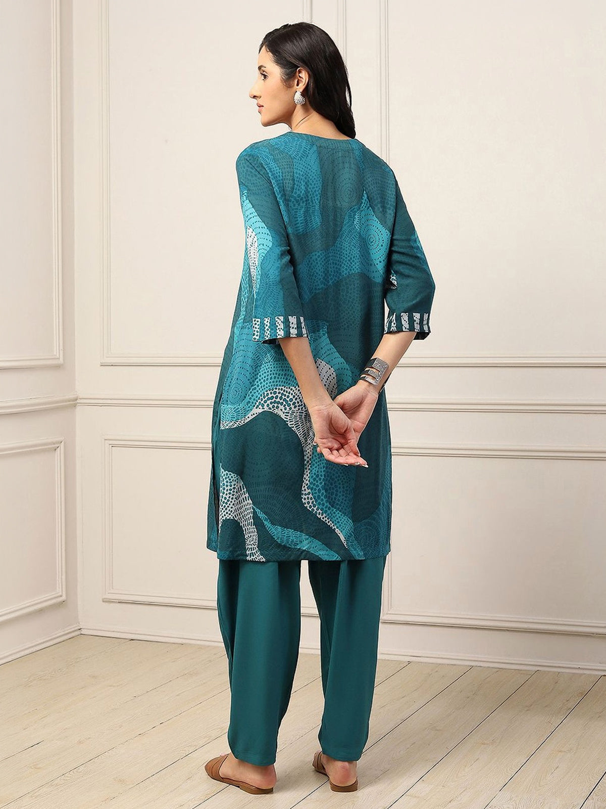 Teal green embellished printed ethnic elegance