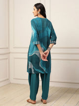 Teal green embellished printed ethnic elegance